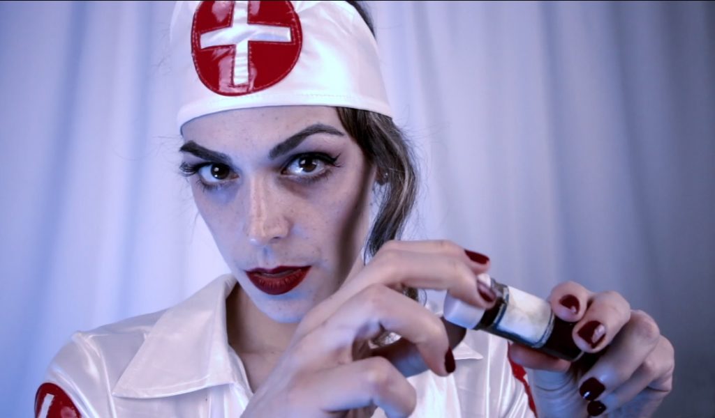 Mistress Pomf roleplays as Nurse Pomf in "A Piece of Me" an episode made for toilet slaves in her Femdom choose your own adventure film series "A Cure for the Male Ego." 