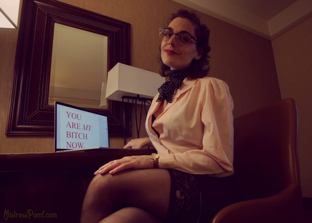 Florida Dominatrix Mistress Pomf roleplays as the Secretary in an erotic blackmail fetish scene.