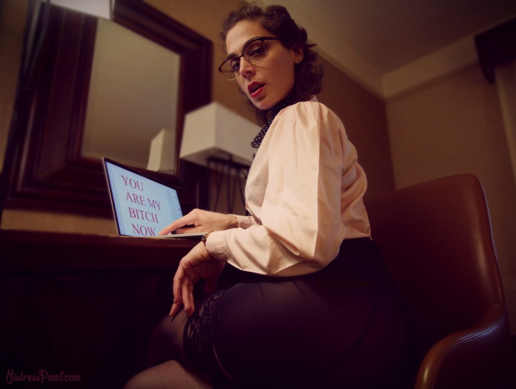 Denver Dominatrix Mistress Pomf roleplays as the Secretary in a blackmail fetish scene.