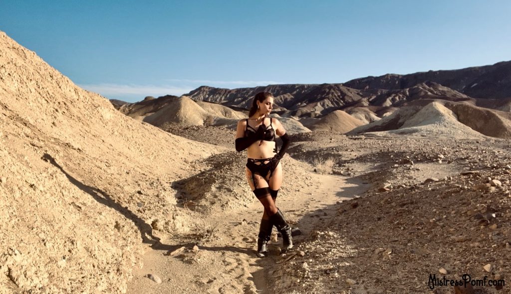 Pictured is a gorgeous photo of Dominatrix Mistress Pomf in the desert wearing classic black lingerie with full fashioned stockings, black knee high leather boots, and opera gloves. One of Her hands rests on Her hips, the other is placed on Her heart as She gazes down at the desert floor. 