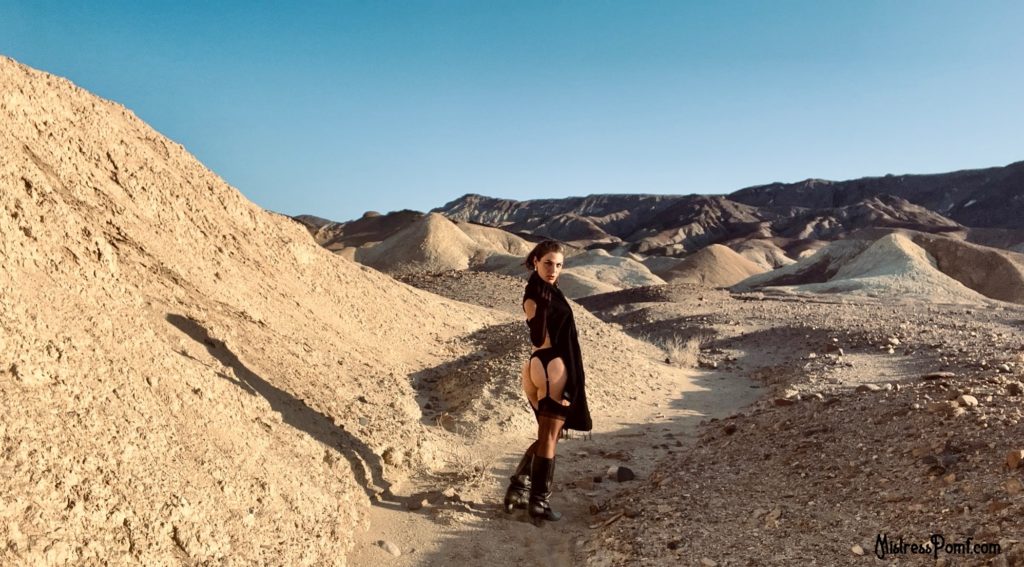 Pictured is a gorgeous photo of Dominatrix Mistress Pomf in the desert wearing classic black lingerie with full fashioned stockings, black knee high leather boots, and opera gloves. One of Her hands rests on Her hips, the other is placed on Her heart as She gazes at you from afar in the desert.